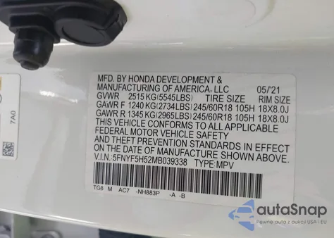 2021 Honda Pilot 2Wd Ex-L from USA, damaged, VIN 5FNYF5H52MB039338